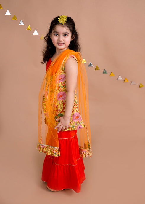 Girls Yellow Floral Printed Pure Cotton Kurti With Sharara With Dupatta